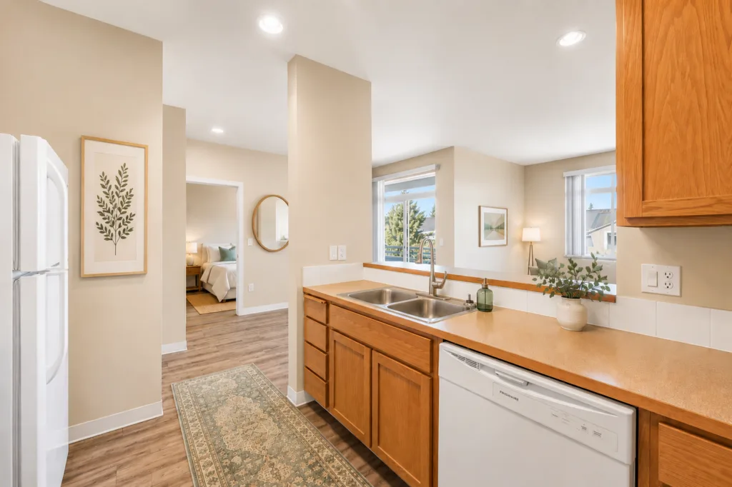 Bright kitchen with wood cabinets, double sink, white dishwasher, and view into living room and bedroom doorway.