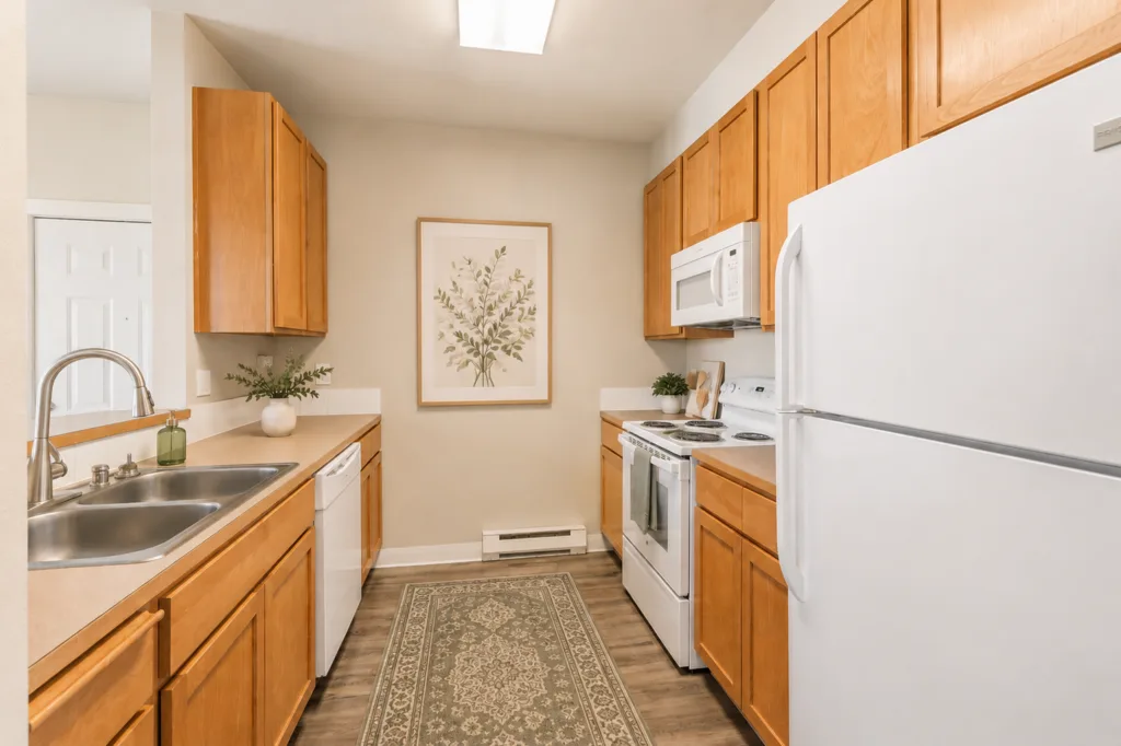 Galley kitchen with light wood cabinets, double sink, white stove and fridge, and framed plant artwork on the wall.