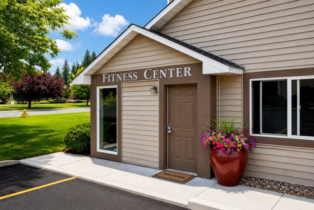 Entrance of a fitness center building with a welcome mat and a large planter of colorful flowers.