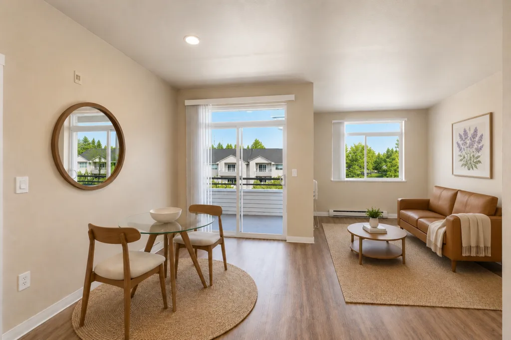 Bright living-dining area with glass table, two chairs, brown sofa, and sliding door to a balcony view