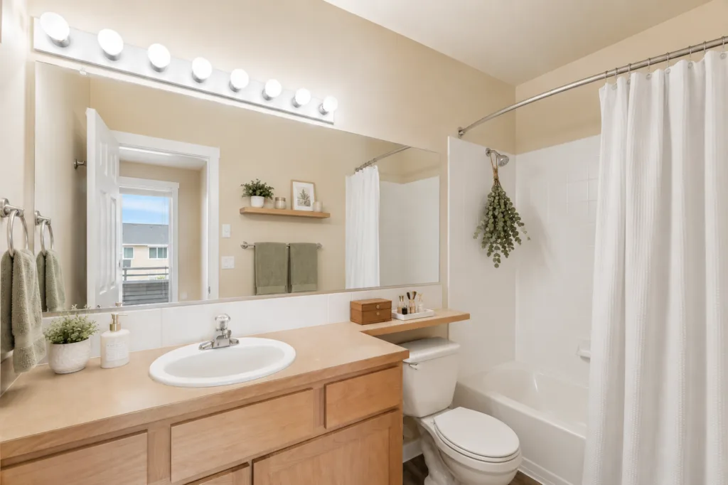 Bright bathroom with large mirror vanity, toilet, and tub-shower with white curtain and hanging greenery
