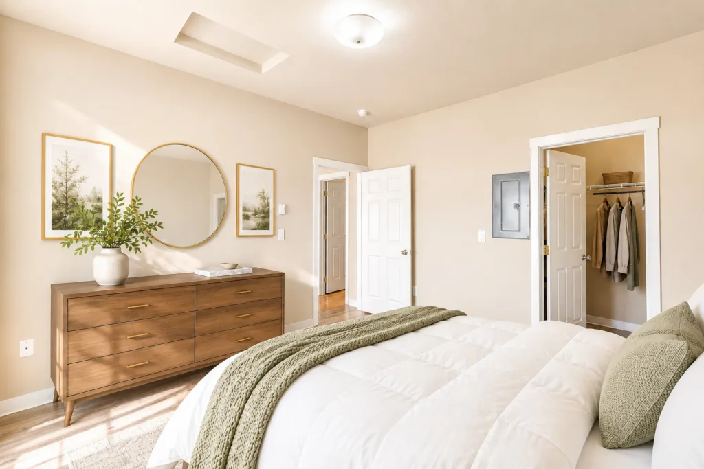 Sunlit bedroom with white bed and green throw, wooden dresser with round mirror, and open closet with hanging coats