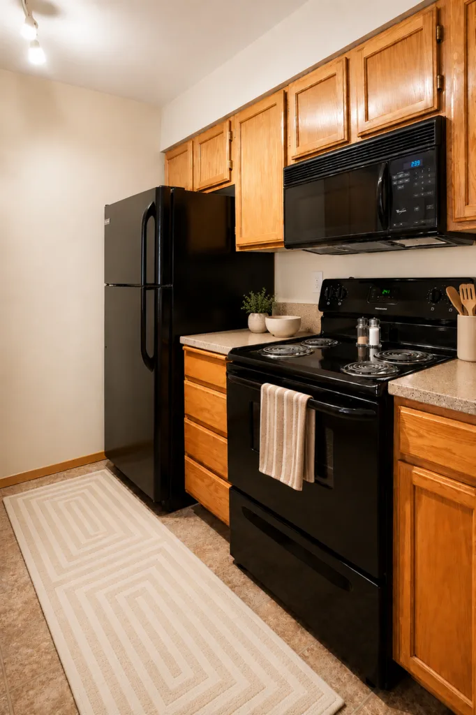 Compact kitchen with oak cabinets, black fridge and electric stove, and microwave above the range