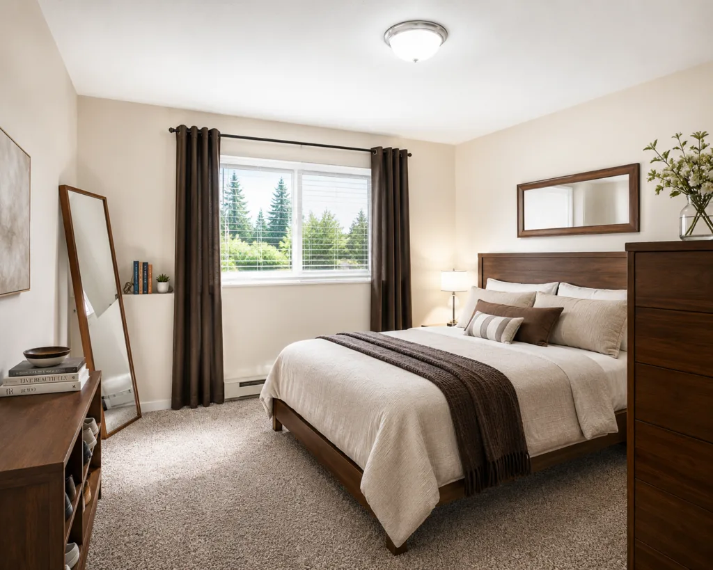 Bright bedroom with wood bed frame, beige bedding, dark curtains, dresser, and window overlooking trees.