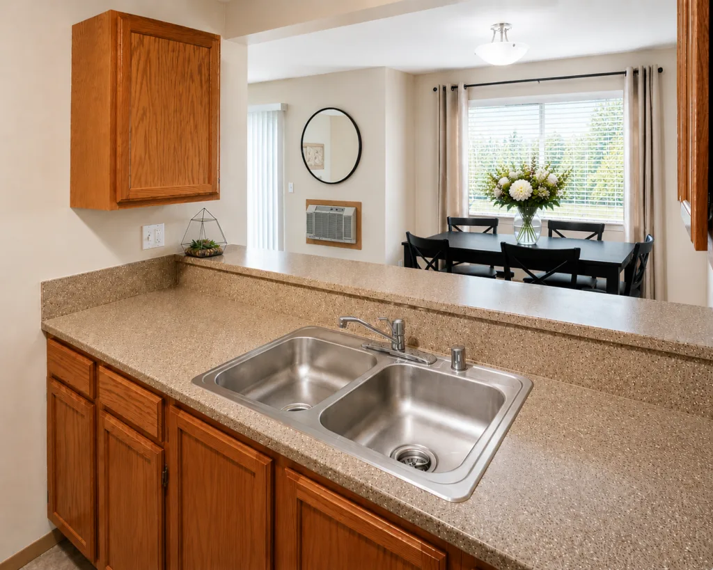 Kitchen counter with double-basin stainless sink and wood cabinets, overlooking a dining table by a window with flowers