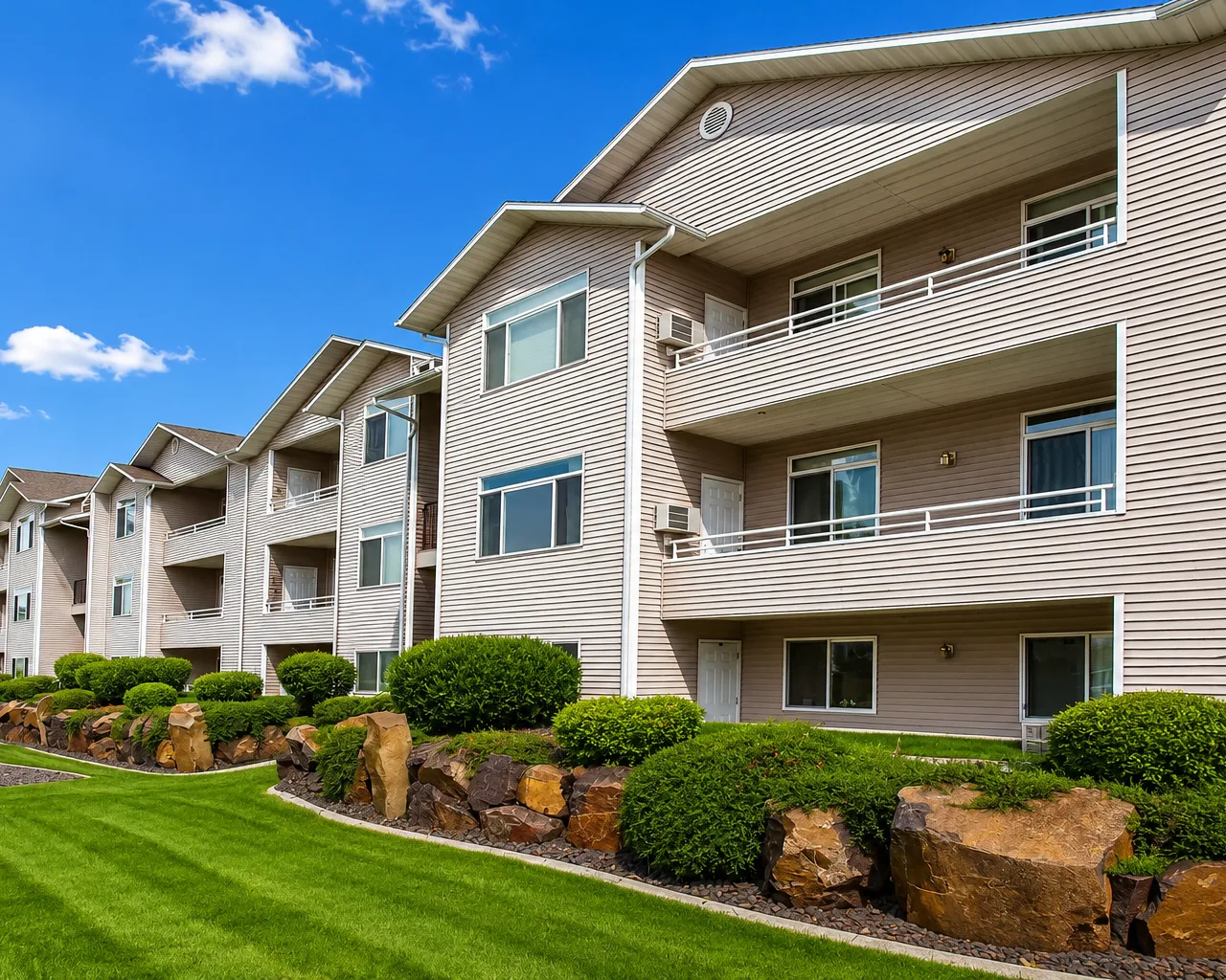 Exterior of a beige apartment building with balconies, landscaped shrubs, and a rock border under a blue sky
