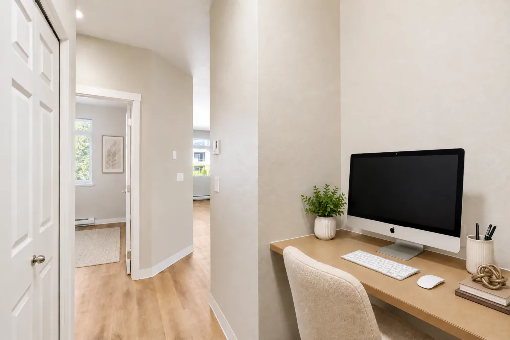 Hallway workspace nook with desk, computer, chair, and plant, next to an open doorway leading to a bright room
