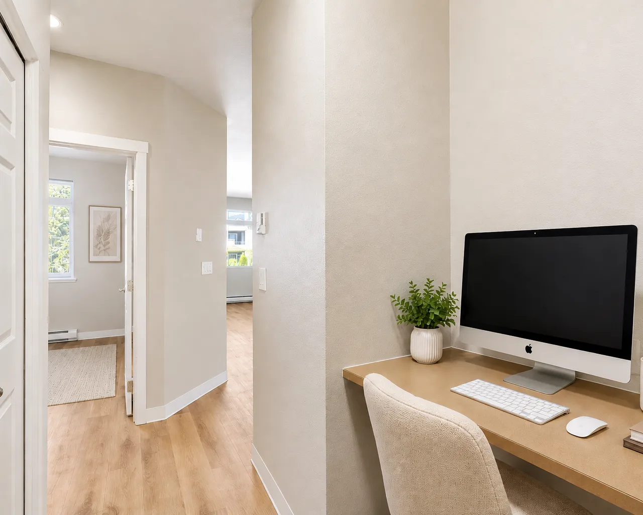 Home hallway with built-in desk nook featuring a desktop computer, keyboard, mouse, and small plant.