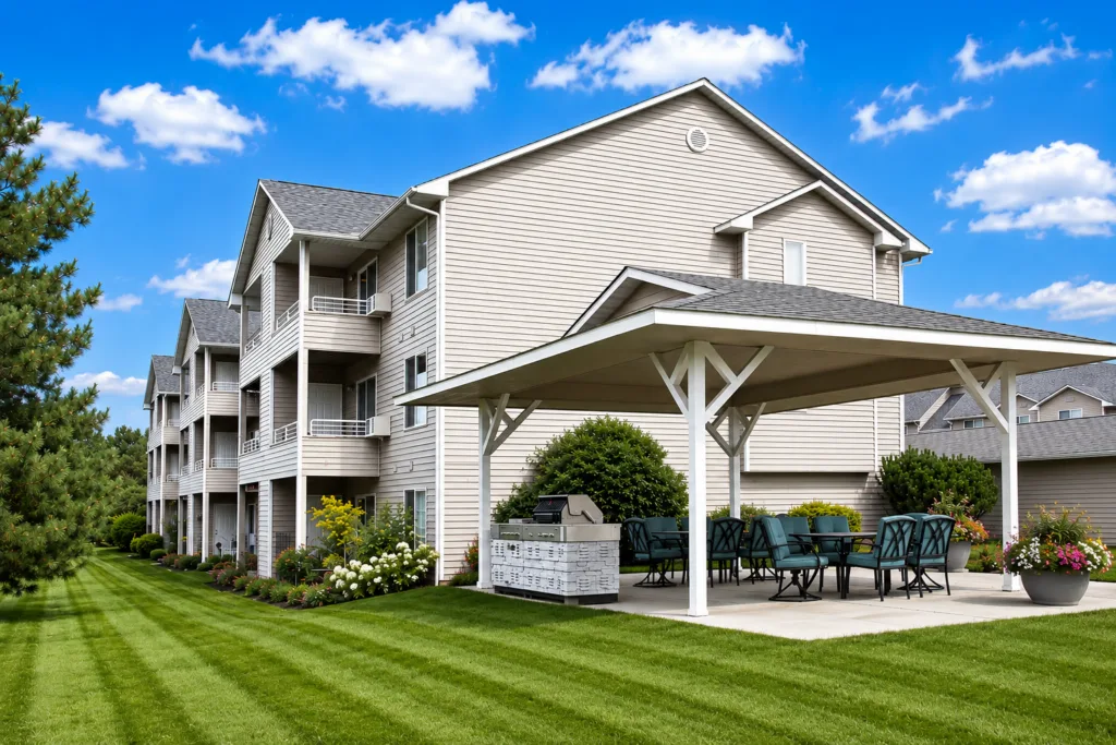 Apartment building with balconies and a covered patio area with outdoor seating and a grill on a landscaped lawn
