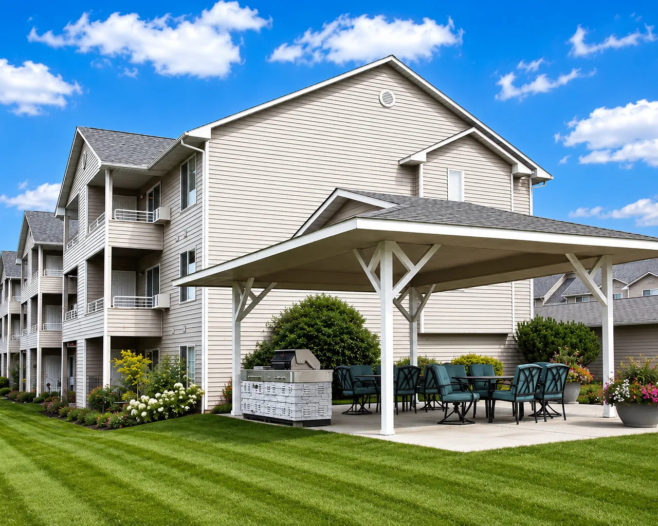 Apartment complex with covered outdoor patio, grill, and table seating beside landscaped lawn under blue sky