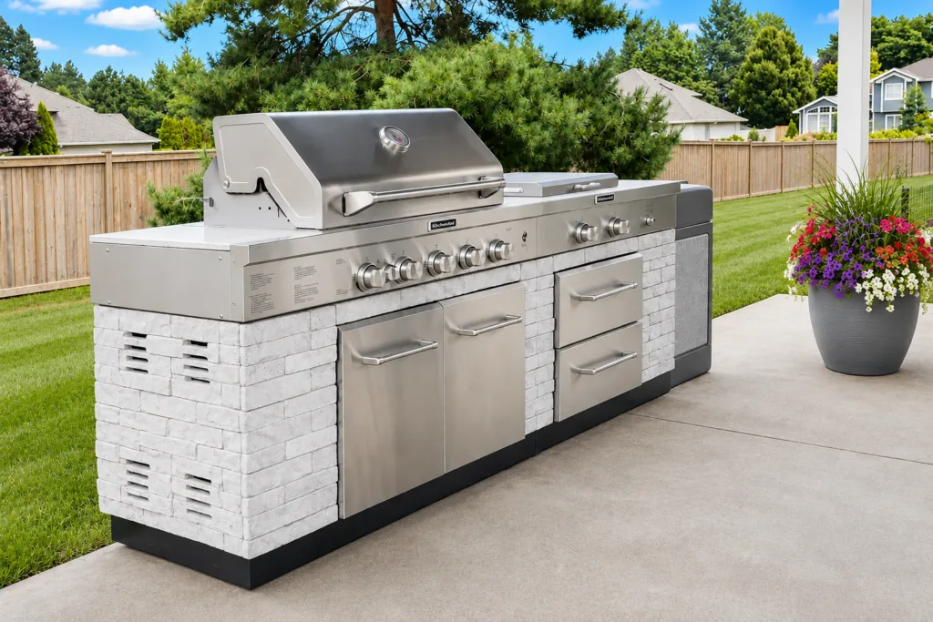 Outdoor stainless steel grill island with stone base, drawers, and side burner on a backyard patio near flowers